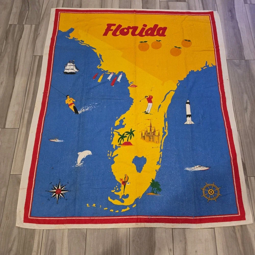 Vintage Kel-Tex Karsten Florida Souvenir Beach Towel Map Graphic Cotton Brazil
